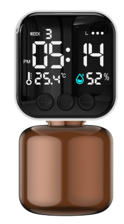 The Scentific Home plug-in wall diffuser with amber screw-on fragrance bottle and ambient LED display